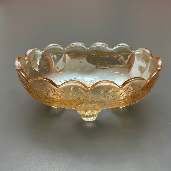 VINTAGE Amber Marigold Luster Carnival Glass Footed Oval Candy Dish iridescent - Picture 1 of 7